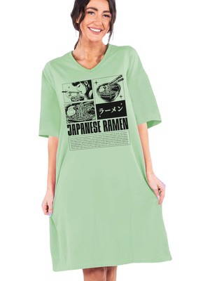 Rock&roll Japon Noodle Açık Yaşil V Yaka Yarım Kol Diz Boyu Rahat Ev Elbisesi Gecelik