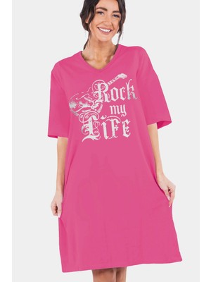 Rock&roll Hayatım Rock Fuşya V Yaka Yarım Kol Diz Boyu Rahat Ev Elbisesi Gecelik
