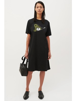 Rock&roll Fermuarlı Teddy Siyah Kısa Kol Diz Üstü Orta Boy Penye Elbise