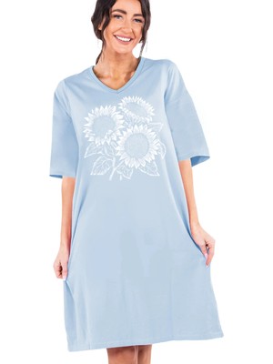 Rock&roll Yaz Çiçekleri Açık Mavi V Yaka Yarım Kol Diz Boyu Rahat Ev Elbisesi Gecelik