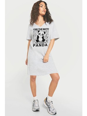 Rock&roll Panda Cevabı Gri V Yaka Yarım Kol Diz Boyu Rahat Ev Elbisesi Gecelik