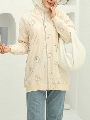 Modamorfo Fermuarlı Astarlı Taş ve Boncuklu Tunik -Bej