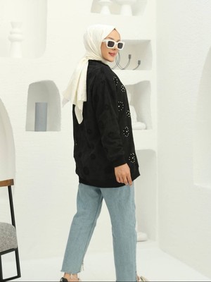 Modamorfo Fermuarlı Astarlı Taş ve Boncuklu Tunik -Siyah