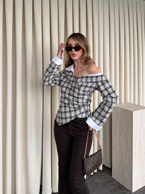 Laluvia Bej - Kahve Düşük Omuz Vatkalı Ekose Gömlek - 3247