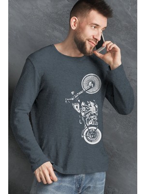 Rock&roll Dikey Motosiklet Antrasit Bisiklet Yaka Uzun Kollu Penye Erkek T-Shirt