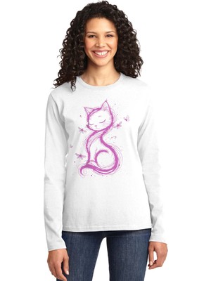 Rock&roll Kedi Prenses Beyaz Bisiklet Yaka Uzun Kollu Penye Kadın T-Shirt