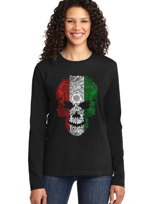 Rock&roll Italyan Kurukafa Siyah Bisiklet Yaka Uzun Kollu Penye Kadın T-Shirt