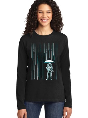 Rock&roll Uzay Yağmuru Siyah Bisiklet Yaka Uzun Kollu Penye Kadın T-Shirt