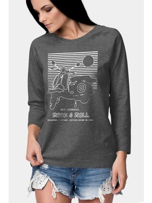 Rock&roll Çizgili Scooter Antrasit Bisiklet Yaka Uzun Kollu Penye Kadın T-Shirt