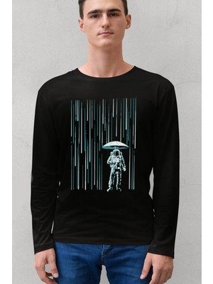 Rock&roll Uzay Yağmuru Siyah Bisiklet Yaka Uzun Kollu Penye Erkek T-Shirt