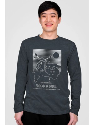 Rock&roll Çizgili Scooter Antrasit Bisiklet Yaka Uzun Kollu Penye Erkek T-Shirt
