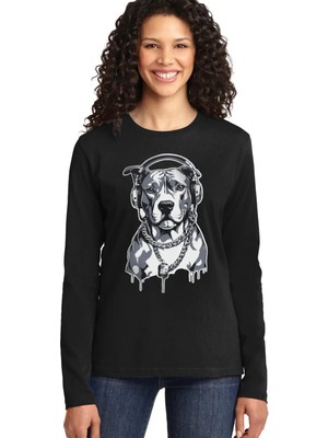 Rock&roll Kolyeli Pit Siyah Bisiklet Yaka Uzun Kollu Penye Kadın T-Shirt