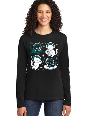 Rock&roll Astro Kediler Siyah Bisiklet Yaka Uzun Kollu Penye Kadın T-Shirt