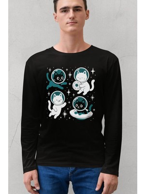 Rock&roll Astro Kediler Siyah Bisiklet Yaka Uzun Kollu Penye Erkek T-Shirt