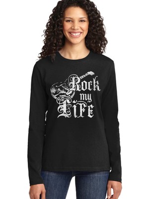 Rock&roll Hayatım Rock Siyah Bisiklet Yaka Uzun Kollu Penye Kadın T-Shirt