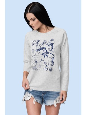 Rock&roll Denizde Hayat Gri Bisiklet Yaka Uzun Kollu Penye Kadın T-Shirt