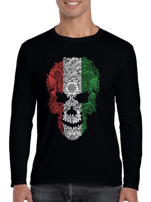 Rock&roll Italyan Kurukafa Siyah Bisiklet Yaka Uzun Kollu Penye Erkek T-Shirt