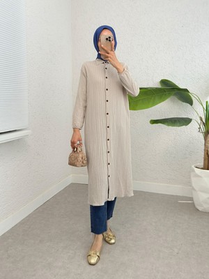 Modamorfo Boydan Düğmeli Kolu Lastikli Uzun Krinkıl Tunik  -Taş