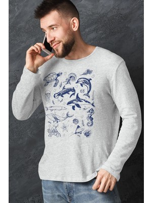 Rock&roll Denizde Hayat Gri Bisiklet Yaka Uzun Kollu Penye Erkek T-Shirt