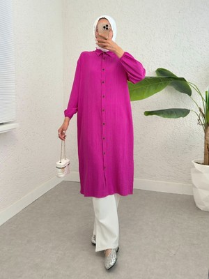 Modamorfo Boydan Düğmeli Kolu Lastikli Uzun Krinkıl Tunik  -Fuşya