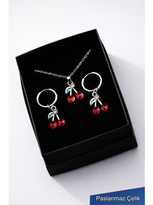Trend Collection Kiraz Figürlü Çelik Kolye Küpe Seti – Kadın Gümüş Takı Seti