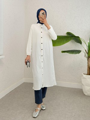 Modamorfo Boydan Düğmeli Kolu Lastikli Uzun Krinkıl Tunik  -Beyaz