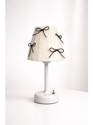 Düz 32 cm Beyaz Rafya Siyah Kurdele - Masa Üstü LED Aydınlatmalı Kablosuz Şarjzlı Masa Lambası