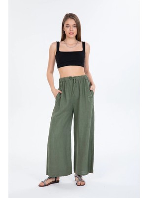 Della Moor Millitary Kadın Italyan Beli Bağcıklı Bol Paça Keten Pantolon 40 - 44 Beden