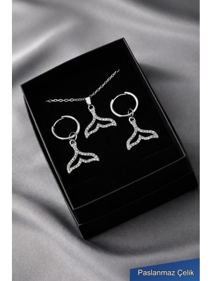 Trend Collection Kadın Zirkon Taşlı Deniz Kızı Kuyruğu Figürlü Çelik Kolye Küpe Takı Seti - Gümüş Renk