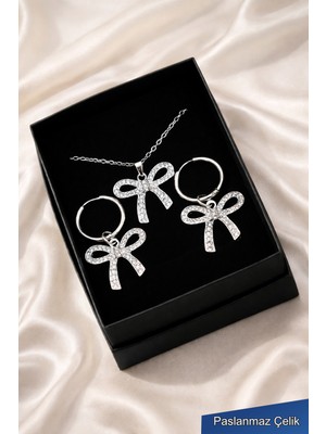Trend Collection Zirkon Taşlı Fiyonk Çelik Kolye Küpe Seti – Kadın Gümüş Takı Seti