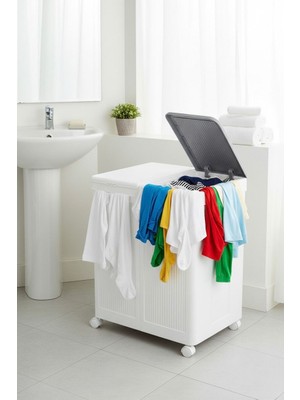 Kazen Home Kapaklı Tekerlekli Çamaşır ve Oyuncak Saklama Kutusu Modern Depolama Sandığı(Gri-Beyaz)