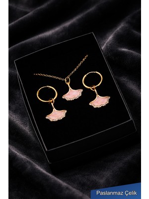 Trend Collection Minimal Yaprak Kolye ve Küpe Seti – Gold-Pembe Çelik Kadın Takı Seti