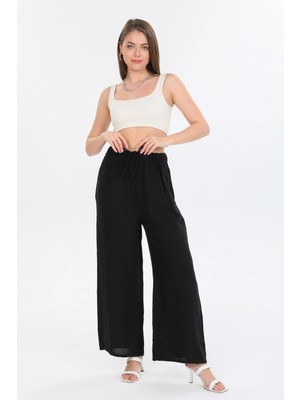 Della Moor Siyah Kadın İtalyan Beli Bağcıklı Bol Paça Keten Pantolon 40 - 44 Beden