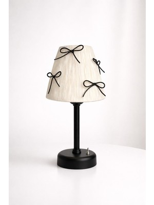 Düz 32 cm Beyaz Rafya Siyah Kurdele - Masa Üstü LED Aydınlatmalı Kablosuz Şarjzlı Masa Lambası