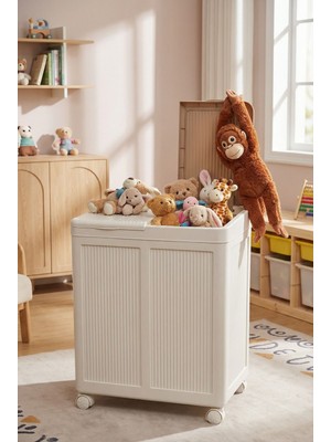 Kazen Home Kapaklı Tekerlekli Çamaşır ve Oyuncak Saklama Kutusu Modern Depolama Sandığı(Krem-Beyaz)