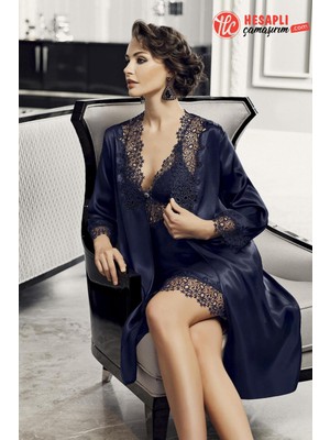 Gd Goldoremi Premium Kadın 6 Parça Saten Güpürlü Sabahlık Gecelik Uzun Kol Şort Pijama Takım Gelin Çeyiz Seti