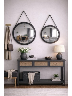 Digital Hayat Askılı 2'li Masif Ahşap Yuvarlak Ayna Seti (50+36 Cm) - Doğal Ahşap Çerçeveli Duvar Aynası Kombini