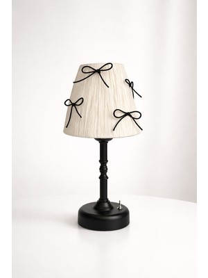 Rustik 32 cm Siyah Rafya Siyah Kurdele - Masa Üstü LED Aydınlatmalı Kablosuz Şarjzlı Masa Lambası