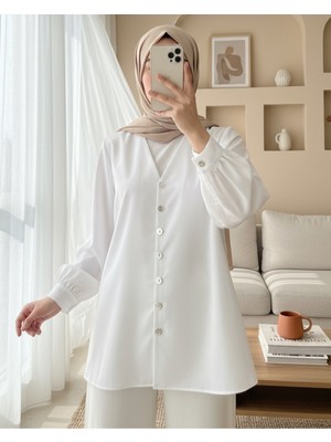 Modamorfo V Yaka Boydan Düğmeli Poplin Gömlek  -Beyaz