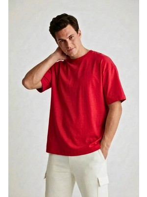Guaraz Erkek Kırmızı Oversize Bisiklet Yaka %100 Pamuk Düz Basic Yazlık T-Shirt