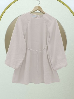 Modamorfo Yuvarlak Yaka Beli Bağcıklı Balon Kol Tunik  -Taş