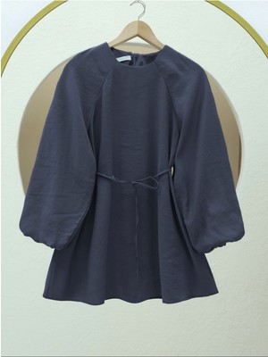 Modamorfo Yuvarlak Yaka Beli Bağcıklı Balon Kol Tunik  -Parlement