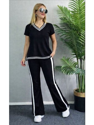 paris store Kadın Kısa Kollu V Yakalı Viskon Iki Iplik Bluz ve Pantolon Ikili Takım