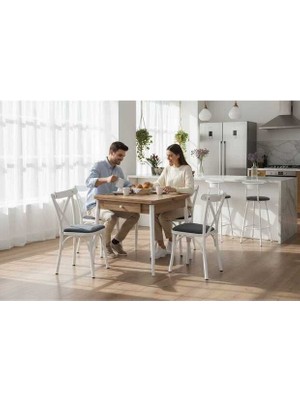 Vetrowood Beril Meşe Açılır Mutfak Masa Takımı 80X80 (160 cm Açılır) 4 Beyaz Tonet Sandalyeli