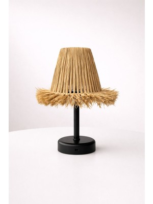 Düz 32 cm Siyah - Rafya Hasır - Masa Üstü LED Aydınlatmalı Kablosuz Şarjzlı Masa Lambası