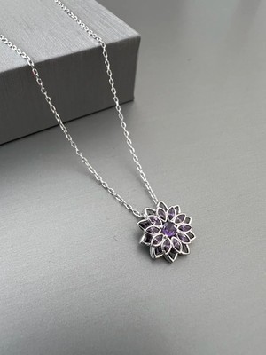 Zeta Jewel 925 Ayar Gümüş Lotus Çiçek Kolye Ametist Taşlı 40+5 cm Uzatmalı Hediye Kutulu