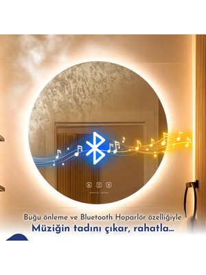 Digital Hayat Bluetooth Hoparlörlü Yuvarlak LED Akıllı Banyo Aynası - Buğu Önleyici Dokunmatik Modern Ayna