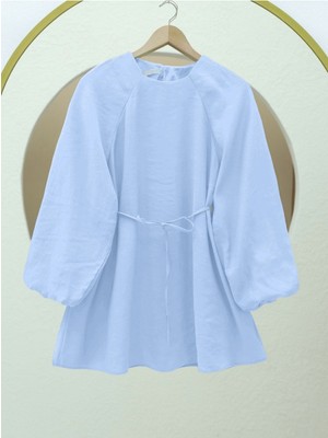 Modamorfo Yuvarlak Yaka Beli Bağcıklı Balon Kol Tunik  -Bebe Mavi