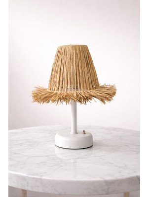 Düz 32 cm Beyaz Alt - Rafya Hasır - Masa Üstü LED Aydınlatmalı Kablosuz Şarjzlı Masa Lambası