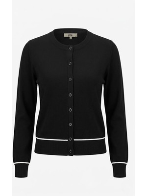 Şiir Raye Kadın Yumuşak Dokulu Ara Biyeli Sıfır Yaka Düğmeli Uzun Kollu Örme Hırka - Siyah